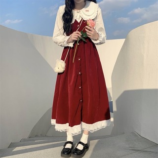 【売れてます】ロリータ　ロングスカート　スカート　赤　お花　ゆめかわ　レース(ロングワンピース/マキシワンピース)