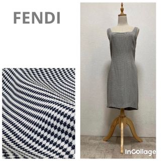 フェンディ(FENDI)の美品FENDIフェンディ　モノトーン幾何学柄タイトワンピース44ブラック系(ひざ丈ワンピース)