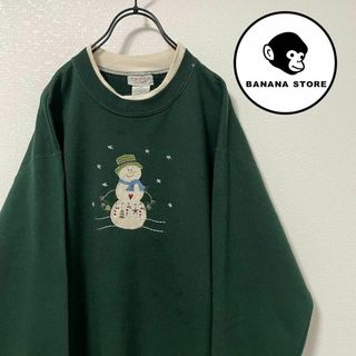 90's スウェット 緑 刺繍デザイン スノーマン レトロ古着 ビッグサイズ(スウェット)