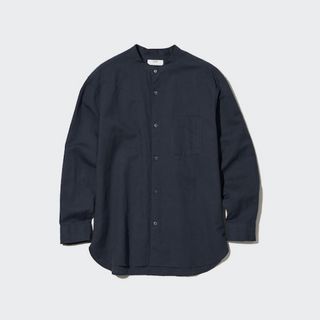 ユニクロ(UNIQLO)の【美品】リネンコットンスタンドカラーシャツ(長袖) ネイビー　Sサイズ(シャツ)