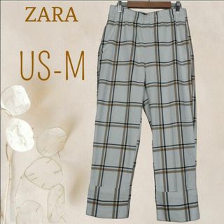 ザラ(ZARA)のb4025【ザラ】クロップドパンツ白系チェック柄ウエスト裾太ダブル楽ちんゴムL(クロップドパンツ)