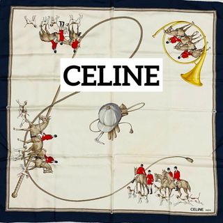 セリーヌ(celine)の★CELINE★スカーフ 大判 マカダム 馬 人 犬 ホルン 鞭 帽子 ネイビー(バンダナ/スカーフ)