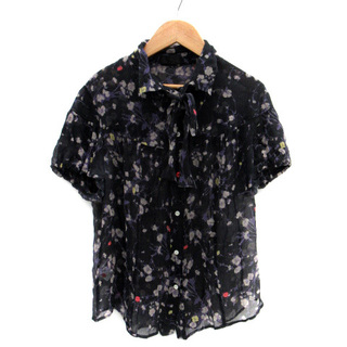 ポールスミス ブラック シャツ ブラウス シースルー リボン シルク L 紺(シャツ/ブラウス(半袖/袖なし))