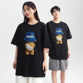 半袖Tシャツ くまプリント ストリート シンプル 大きめ ユニセックス 黒 XL(Tシャツ/カットソー(半袖/袖なし))