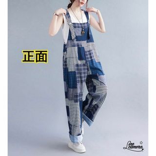 XL【新品】夏　ゆったり　薄手　パッチ　サロペット　オーバーオール　デニム柄(サロペット/オーバーオール)