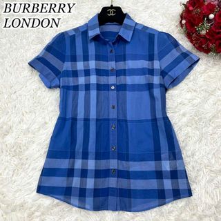 バーバリー(BURBERRY)の美品☆バーバリーロンドン メガチェック ロゴ シャツ ブラウス レディースブルー(シャツ/ブラウス(半袖/袖なし))