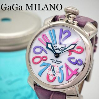 ガガミラノ(GaGa MILANO)の569【美品】ガガミラノ時計　メンズ　箱付き　マヌアーレ48 パープル　手巻き(腕時計(アナログ))