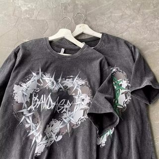 半袖Tシャツ ピグメントプリント ストリート ハート ユニセックス 黒 XL(Tシャツ/カットソー(半袖/袖なし))