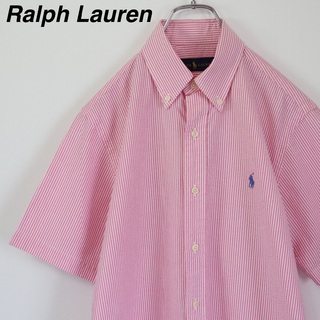 Ralph Lauren - 【シアサッカー生地】ラルフローレン／ストライプシャツ　刺繍ロゴ　ピンク×白　XS