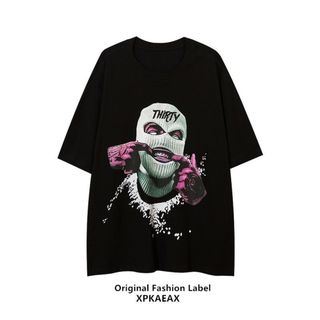 半袖Tシャツ ロック ビッグプリント ストリート メンズ 綿100％ 黒 XL(Tシャツ/カットソー(半袖/袖なし))