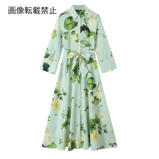 ☂️6月新作🐌14530◆green フラワー 花柄 ロング シャツワンピース(ロングワンピース/マキシワンピース)