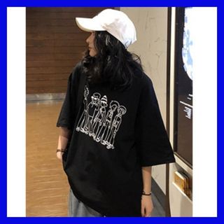 Tシャツ プリント レディース 半袖 黒 オーバーサイズ ビックシルエット XL(Tシャツ(半袖/袖なし))