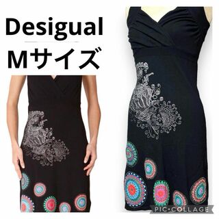 DESIGUAL - デシグアル カシュクール ワンピース 銀糸刺繍 個性的 花刺繍 パッチワーク 黒