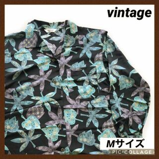 vintage ポリシャツ 柄シャツ モード 長袖 M レディース 古着 葉っぱ(シャツ/ブラウス(長袖/七分))