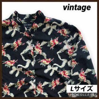vintage ポリシャツ 柄シャツ モード 長袖 M レディース 古着 バラ(シャツ/ブラウス(長袖/七分))