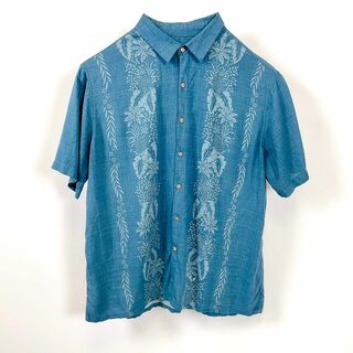 半袖ハワイアロハシャツ　サイズ2ＸＬ　青ブルー　100％レーヨン　メンズ　古着(シャツ)