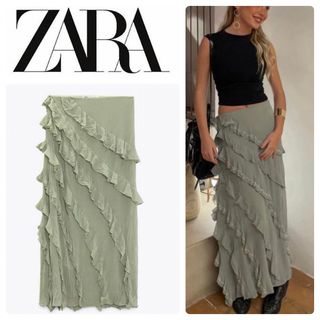 ザラ(ZARA)の新品 ZARA フリルロングスカート ビーズ付きデザイン(ロングスカート)