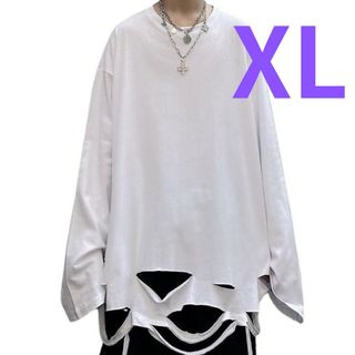 新品 LL 白 ダメージ 長袖 シャツ ゆったり ゆるダボ 春夏 ファッション(Tシャツ/カットソー(七分/長袖))