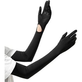 ロング アームカバー 黒　UVカット 指だし 滑り止め付 携帯操作 スマホ操作(手袋)