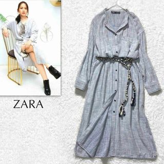 ザラ(ZARA)の【美品】ZARAザラ シャツ ワンピース マキシ丈 ウエストマーク 大きいサイズ(ロングワンピース/マキシワンピース)