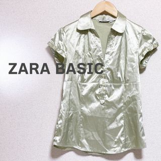 ザラ(ZARA)のZARA BASIC ザラ　ベーシック　ブラウス　サテン 緑　グリーン　半袖(シャツ/ブラウス(半袖/袖なし))