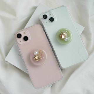 #103 全機種対応　スマホグリップ付き　ビジュー　ピンク　グリーン　くすみ(Androidケース)