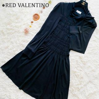 レッドヴァレンティノ(RED VALENTINO)の極美品 レッドヴァレンティノ 肩リボン ギャザー フレアワンピース ブラック(ひざ丈ワンピース)