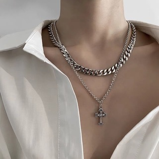 【最入荷】　クロス　十字架　　二重層　ネックレス　メンズ　2連　チェーン(ネックレス)