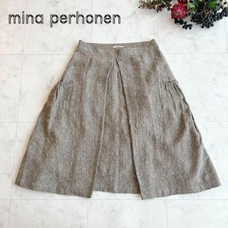 ミナペルホネン(mina perhonen)の美品　ミナペルホネン　shimmer　麻　リネン　ボックススカート　千鳥格子(ひざ丈スカート)