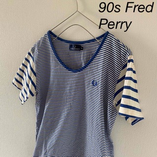 フレッドペリー(FRED PERRY)の90sFredPerryフレッドペリーボーダーtシャツ半袖メンズブルーホワイトm(Tシャツ/カットソー(半袖/袖なし))