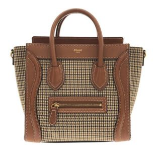 セリーヌ(celine)のCELINE(セリーヌ) ハンドバッグ美品  ラゲージナノショッパー 189242BPT.04LU ベージュ×ブラウン 千鳥格子 ウール×レザー(ハンドバッグ)