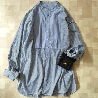 CITYSHOP - 【美品】シティショップ　オーバーサイズストライブシャツ　青系　バンドカラー