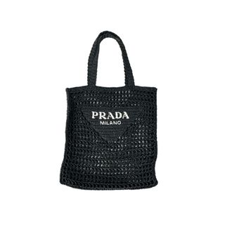 プラダ(PRADA)の新品同様品 PRADA プラダ ラフィア トートバッグ カゴバッグ1BG393 ストロー ウィッカー ブラック ホワイト 中古 51080(トートバッグ)