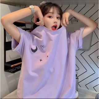 人気☆Tシャツ　パープル　ユニコーン　紫　ゆったり　体型カバー　ロゴ　古着　原宿(Tシャツ(半袖/袖なし))