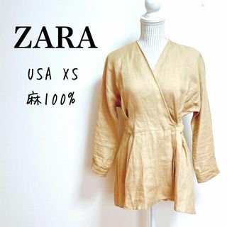 ザラ(ZARA)のザラ　リネンカシュクールブラウス　ウエストリボン【usa XS】麻100%(シャツ/ブラウス(長袖/七分))