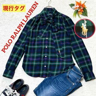 ポロラルフローレン(POLO RALPH LAUREN)の極美品✨ポロラルフローレン　ボウタイチェックシャツ　リボン　ロゴ刺繍　長袖　S(シャツ/ブラウス(長袖/七分))