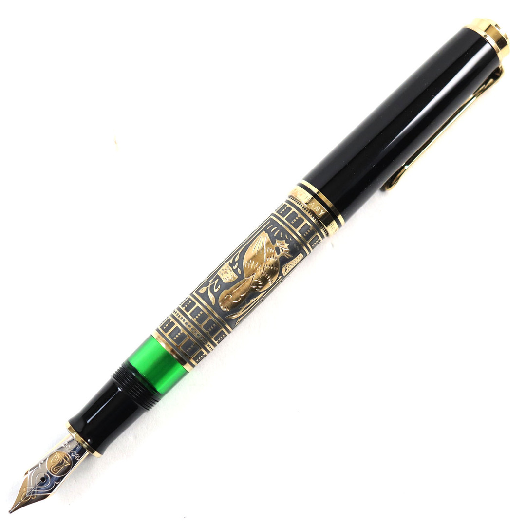 極美品○PERIKAN ペリカン Big Toledo ビッグトレド M900 AG925 ペン先18K Mニブ ロゴ刻印 装飾彫金 万年筆 ブラック系 ゴールド 箱・ケース付き ドイツ製 総重量40.3ｇ