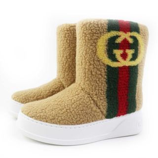 グッチ(Gucci)の美品◎GUCCI グッチ インターロッキングG ウェブライン フラット  ショートブーツ ベージュ 35 イタリア製 レディース(ブーツ)