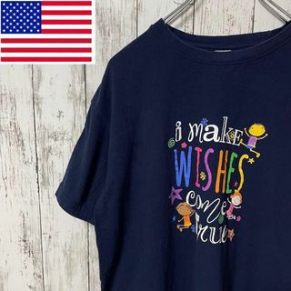 アメリカ古着 ビッグプリントMAKE WISHES Tシャツ 紺 メンズ(Tシャツ/カットソー(半袖/袖なし))