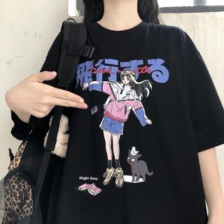 Tシャツ　ブラック　アニメ　ゆったり　オタク　原宿　サブカル　韓国　個性　古着(Tシャツ(半袖/袖なし))