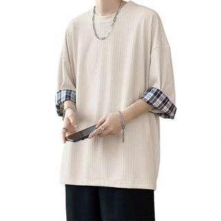 Easykode Tシャツ メンズ 七分袖 夏服 ギンガム切り替え 折り返し 5(その他)