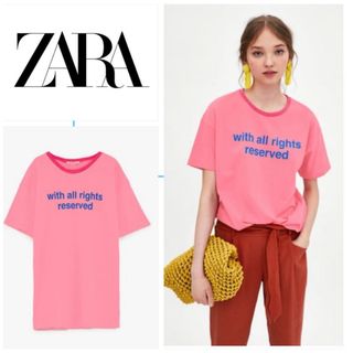 ザラ(ZARA)のZARA コントラストネック　ロゴTシャツ　半袖Tシャツ(Tシャツ(半袖/袖なし))