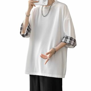 Easykode Tシャツ メンズ 七分袖 夏服 ギンガム切り替え 折り返し 5(その他)
