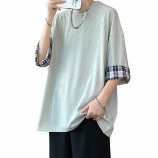 Easykode Tシャツ メンズ 七分袖 夏服 ギンガム切り替え 折り返し 5