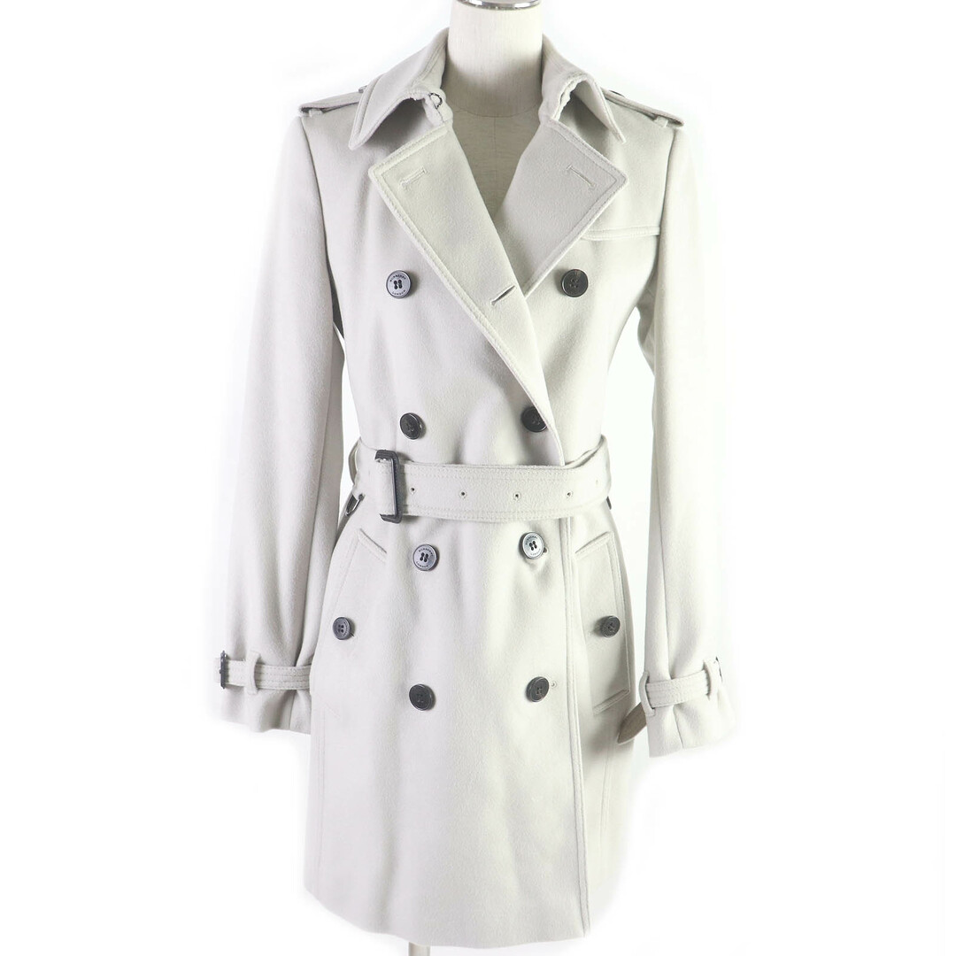 美品□BURBERRY LONDON バーバリーロンドン カシミヤ混 プローサム ロゴボタン 裏チェック柄 ウールトレンチ コート グレージュ 38 レディース