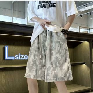 ストリート ハーフパンツ メンズ 半ズボン 英字 L  ベージュ 総柄 夏 韓国(ショートパンツ)