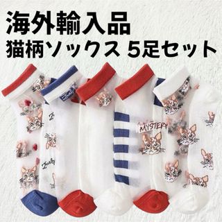 クツシタヤ(靴下屋)の【海外輸入品】猫柄 シースルー 靴下 ソックス 5足セット【新品未使用】(ソックス)