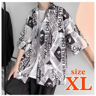 シャツ メンズ XL 総柄 ストリート オーバーサイズ 韓国 黒 白 クール (Tシャツ/カットソー(半袖/袖なし))
