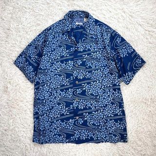 ブルーブルー(BLUE BLUE)の【極美品】BLUE BLUE　インディゴ染め オープンカラー シャツ　桜　和柄(Tシャツ/カットソー(半袖/袖なし))