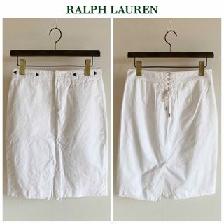 ラルフローレン(Ralph Lauren)のラルフローレン コットン バックレースアップ タイト スカート 9 白 ホワイト(ひざ丈スカート)